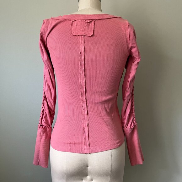 Free People Pink Daisy Chain Chain Cuff Long Sleeve Ribbed Cold Shoulder Top - Picture 4 of 10